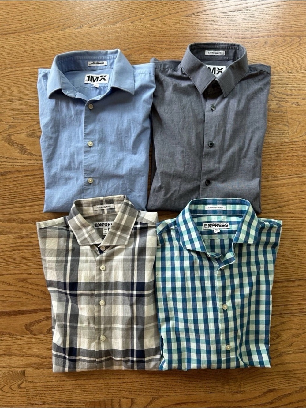 4 shirts  Express Button Down men's Extra slim shirt blue, plaid, gray sz S